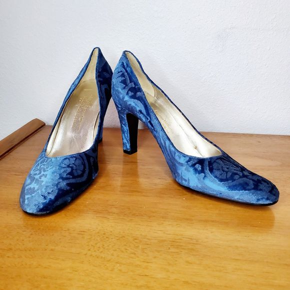 Shoes - Antonia Sautter Collection Blue Velvet Damask Print Heels Shoes Handmade SZ 37